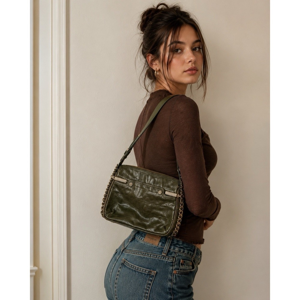 Vintage Tre Vero Olive Green Leather Shoulder Bag Croc Embossed Y2K Purse #40